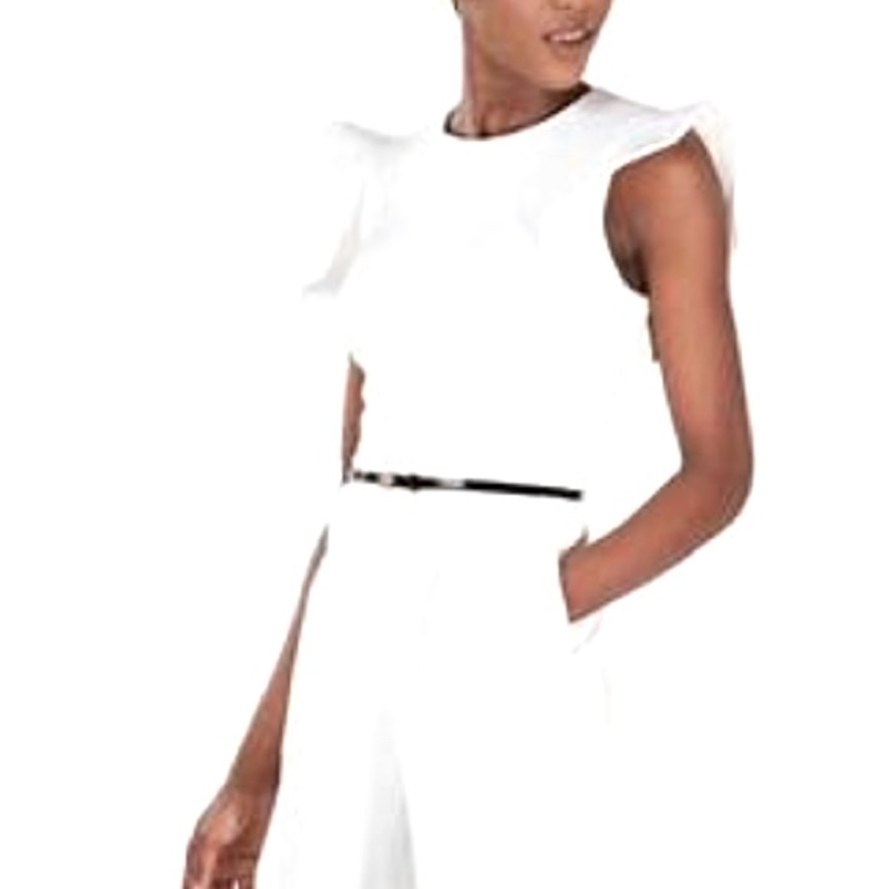 Women's White Belted Ruffle-sleeve Jumpsuit